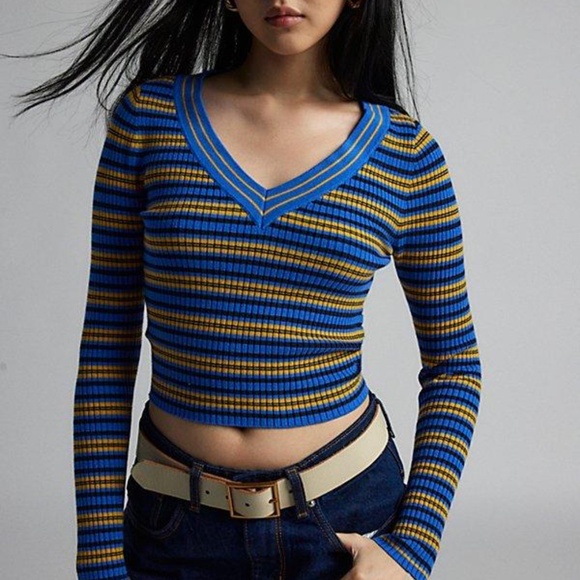 BDG Blue and Yellow Addison V Neck Ribbed Knit - Picture 5 of 6